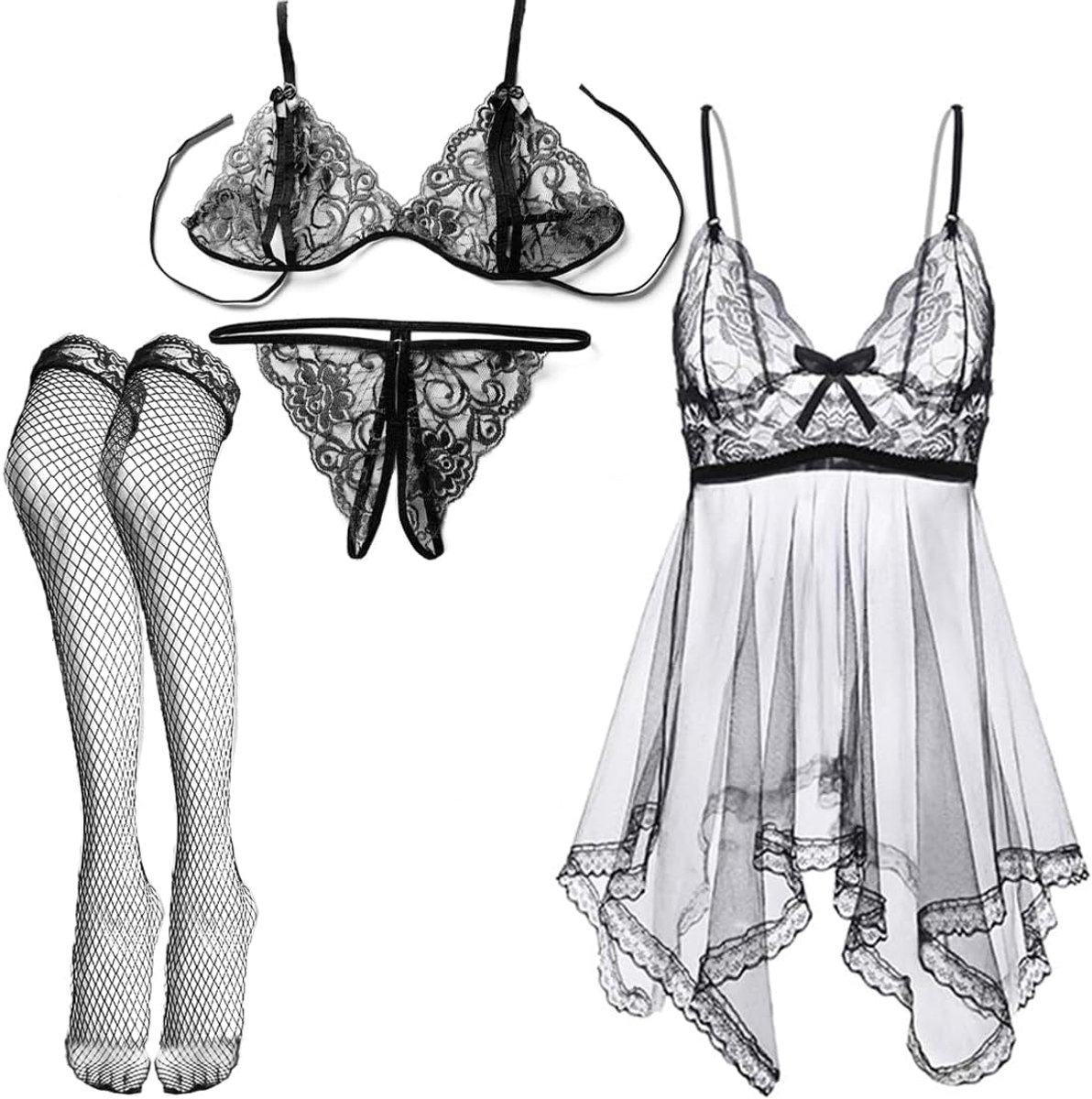 Nachthemd voor dames, 4-delig, open, open, lingerie, nachthemd met kousen
