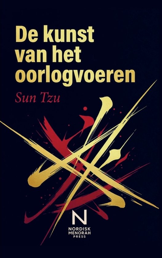 Livre 'L'art de la guerre' de Sun Tzu, avec des coups de pinceau dorés et rouges sur fond sombre.