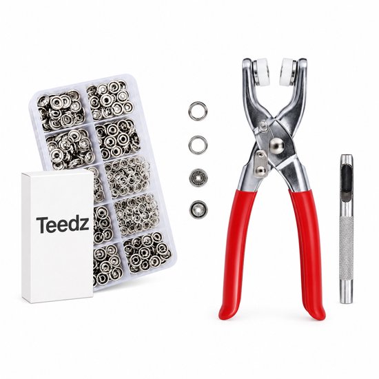 Teedz drukknopen tang set met 50 metalen drukknopen, tang en pons.