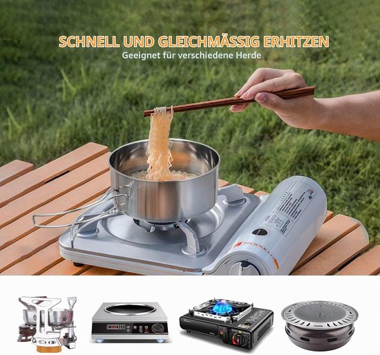 Roestvrijstalen kookgerei set voor op de camping - 4-delig - Kookgerei voor op de camping - Keukengerei - Inclusief draagbaar, opvouwbaar kookgerei en borden - Geschikt voor picknicks, koken op de camping, backpacken en wandelen - Zilverkleurig — afbeelding 5
