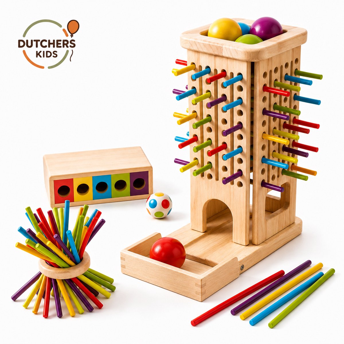 Dutchers Kids® 3-in-1 Houten Trekstok Spel – Montessori STEM Speelgoed – 40 Houten Stokken & 5 Gekleurde Ballen – Balansspel - Educatief Speelgoed – Kleurherkenning – Educatief Gezelschapsspel – Vanaf 3 Jaar