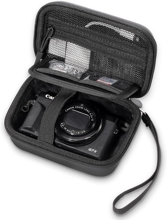 Zwarte cameratas met een Canon G7X camera erin, ritssluiting en polsbandje. Binnenvak met gaas.