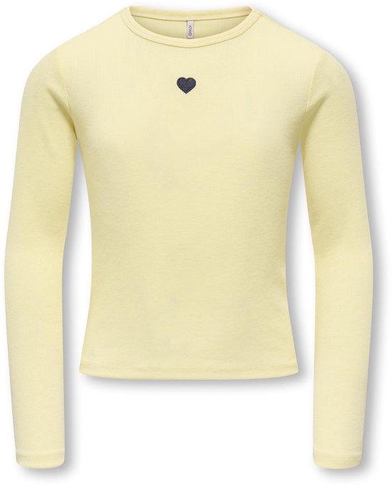 Lichtgeel geribd T-shirt met lange mouwen en een donkerblauw hartje op de borst.