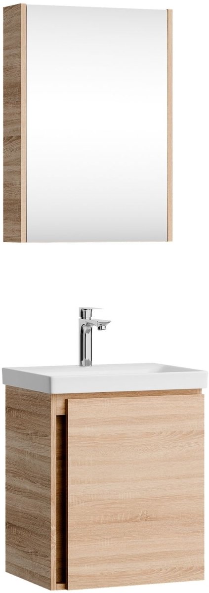 Planetmöbel - Wastafelonderkast - Sonoma eiken - Met wastafel en spiegelkast - Zwevend - Grieploos
