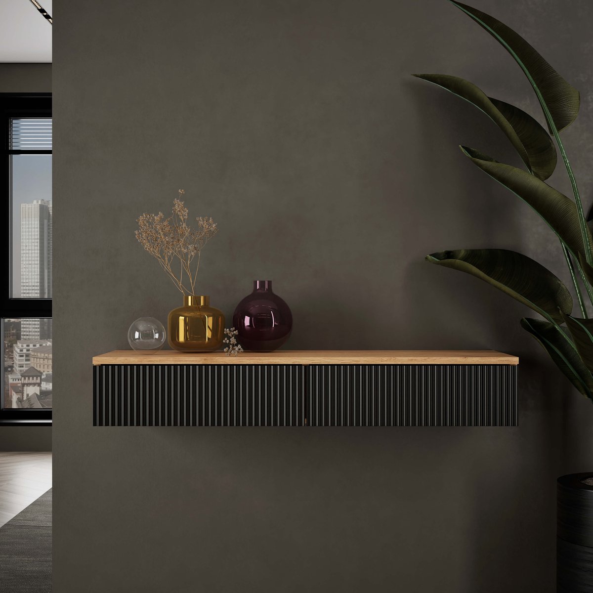 Planetmöbel AMYRA - Wandconsole 100 cm - Gold eiken - Front zwart - Zwevend - Met lade