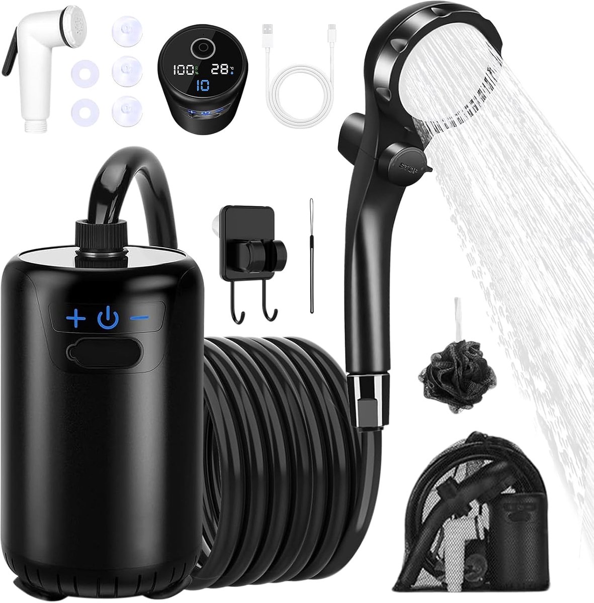 campingdouche met pomp, campingdouche met oplaadbare 8000 mAh-batterij en intelligent led-display, IPX7 waterdichte mobiele douche met douchekop en slang voor kamperen, wandelen, reizen