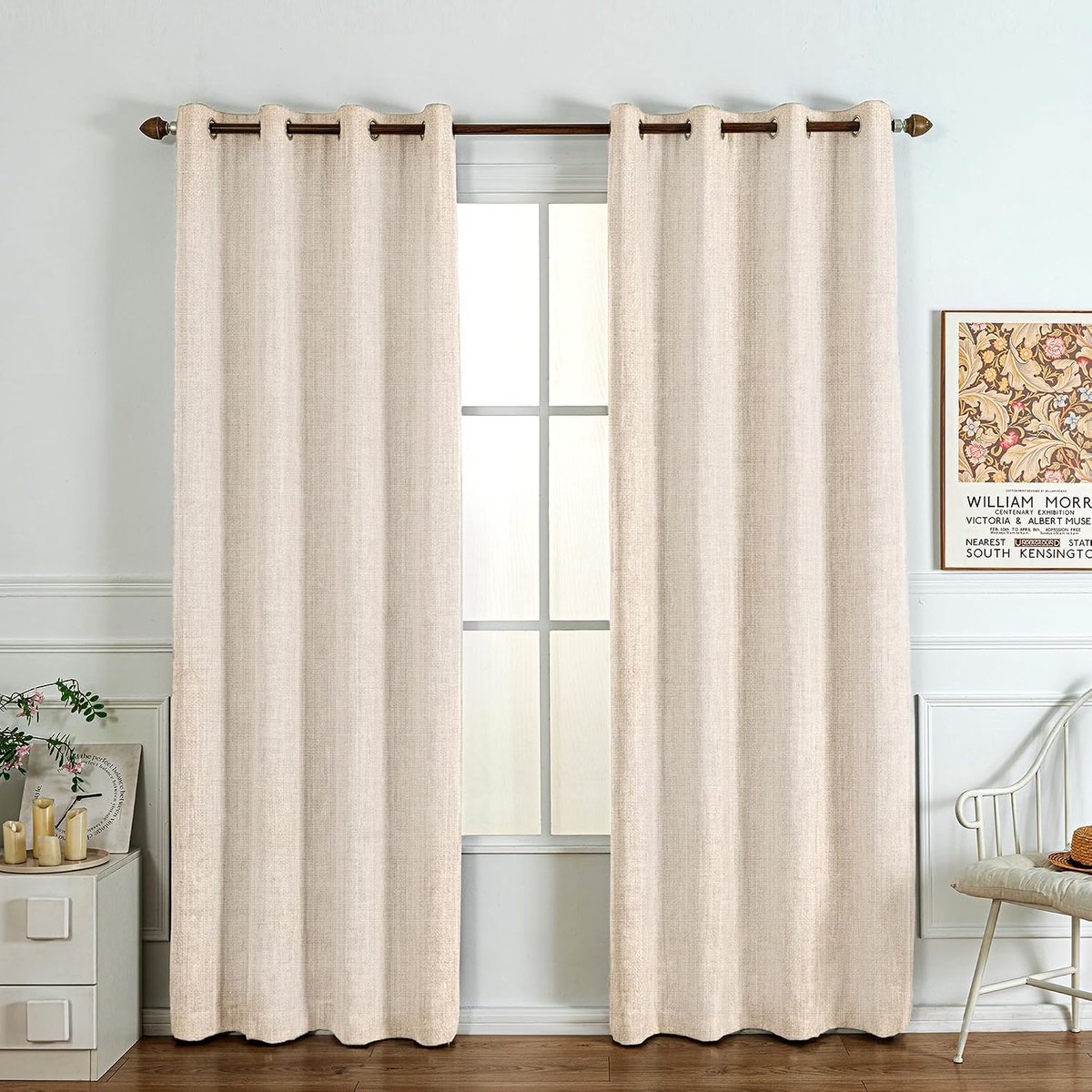 Gordijnen in lichtbeige, met plooiband, thermisch, voor slaapkamer, woonkamer, raam, linnenlook, verduisteringsgordijnen, set van 2, 225 cm hoog, 140 cm breed
