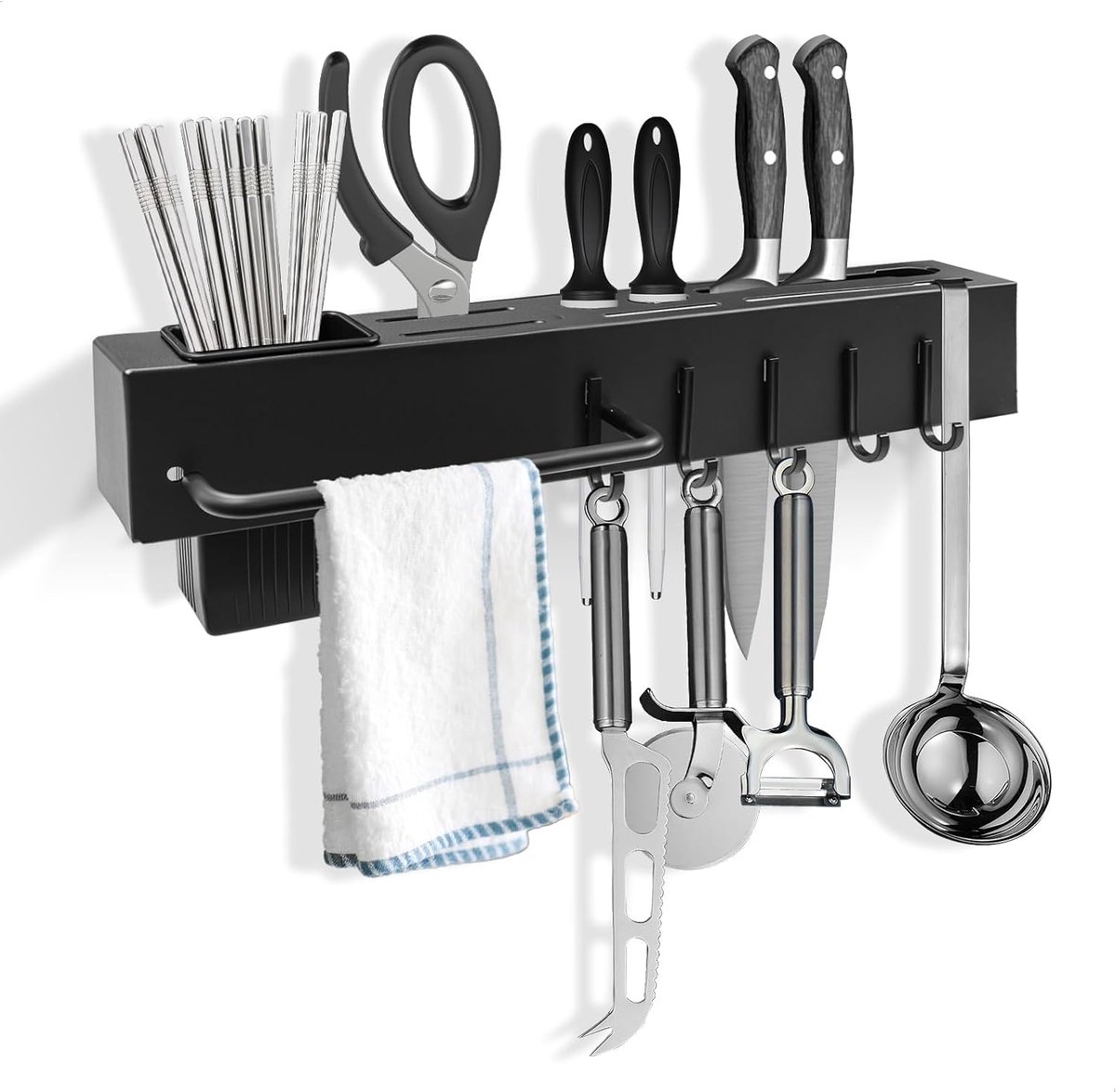 wandrek, messen/lepelhouder met haken voor schop/spons, boormontage van koolstofstaal, zwart (40 x 12 x 6 cm)