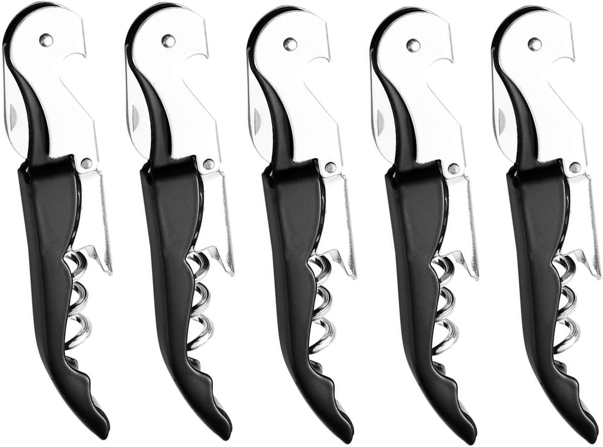 Kellner Kurkstrekker Wijn Opener, RVS Scharnieren Wijn Sleutel, Vouwbare Tand Folie Cutter Sleutel voor Restaurant Kellner, Professionele wijnopeners (Black 5 Packs)