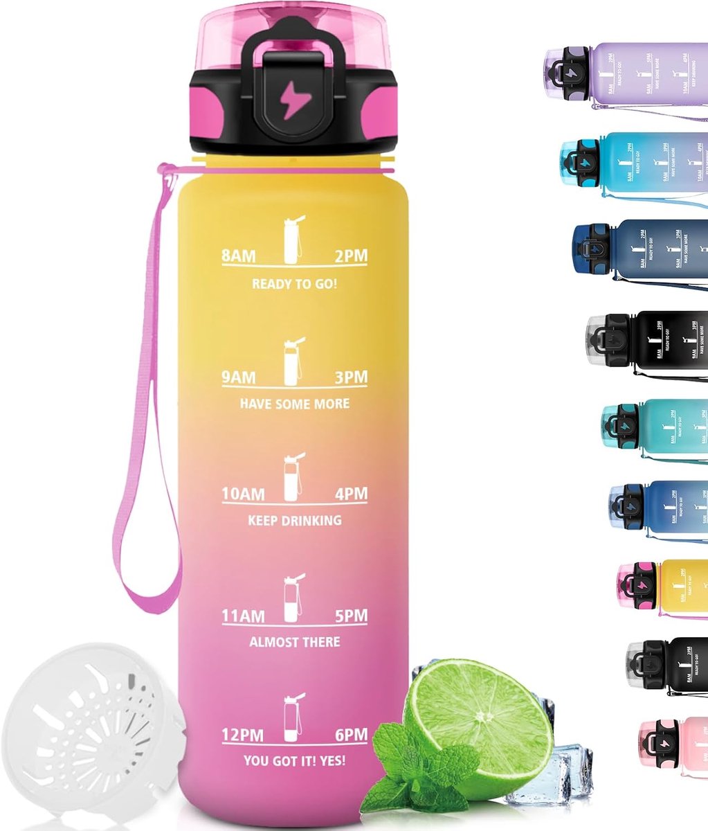 Waterfles, lekvrij, filterfles met tijdschaal, motiverende waterfles, gemakkelijk mee te nemen, kunststof fles, 1 l, voor sport, trekking, fitness