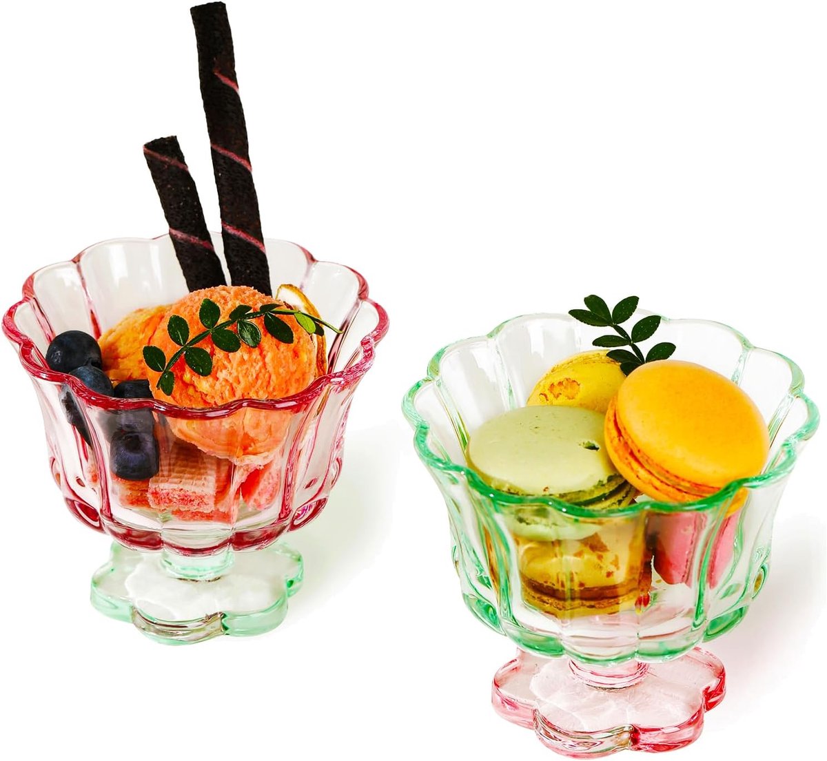Ijskommen drinkglazen bekers (roze en groen), bloemblaadjesstijl, 260 ml, geschikt voor ijs, cocktails, dessert en meer.