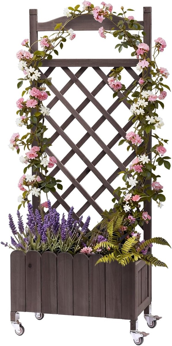 plantenbak met klimrek en wielen, verhoogd, weerbestendig met drainagegaten, voor tuin, balkon en terras, 49 x 28 x 116 cm – Bruin