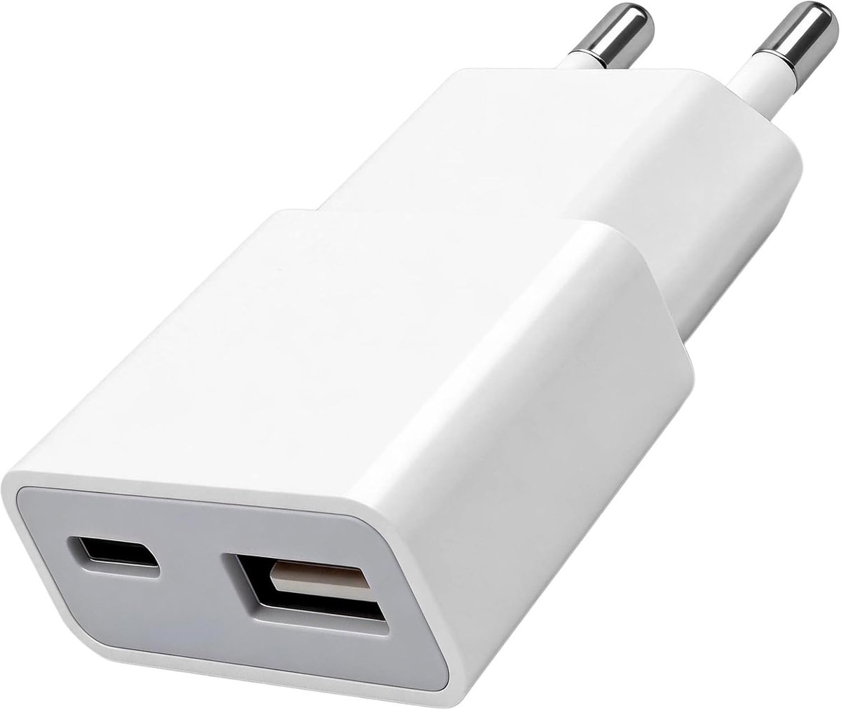 5 W Euro stekker, oplader, slanke oplaadstekker, voeding 5 V 1 A, 2 poorten: USB-C + A, compatibel met iPhone, e-book-readers, elektrische tandenborstels, spelers en smartphones, wit