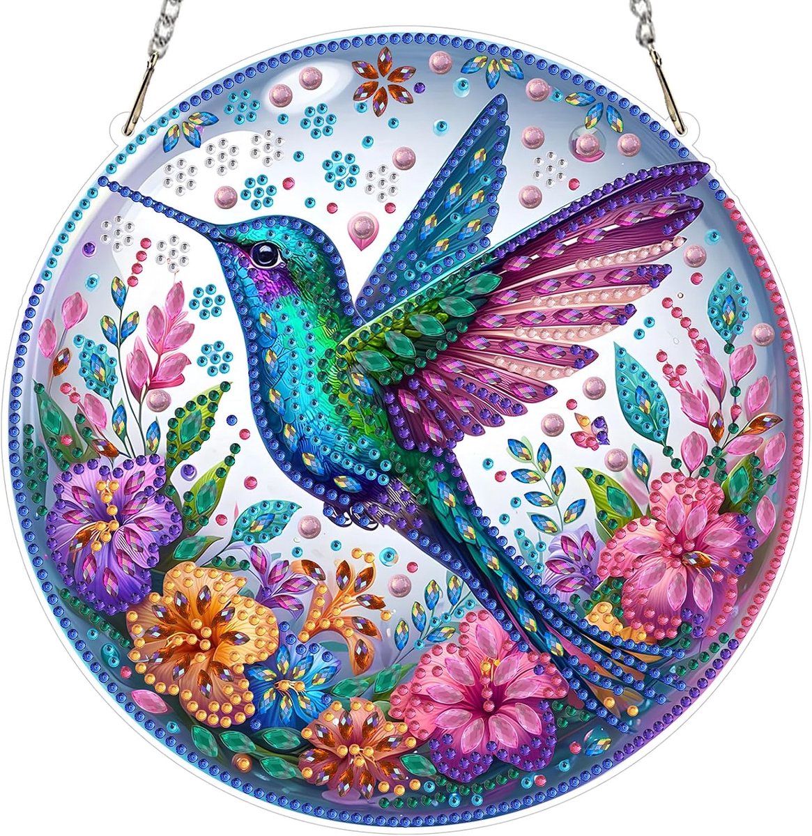 Diamantschilderij 5D complete hanger kolibrie in een kristallen bal, diamant art hanger volwassenen, hangend diamant schilderij voor muurdecoratie