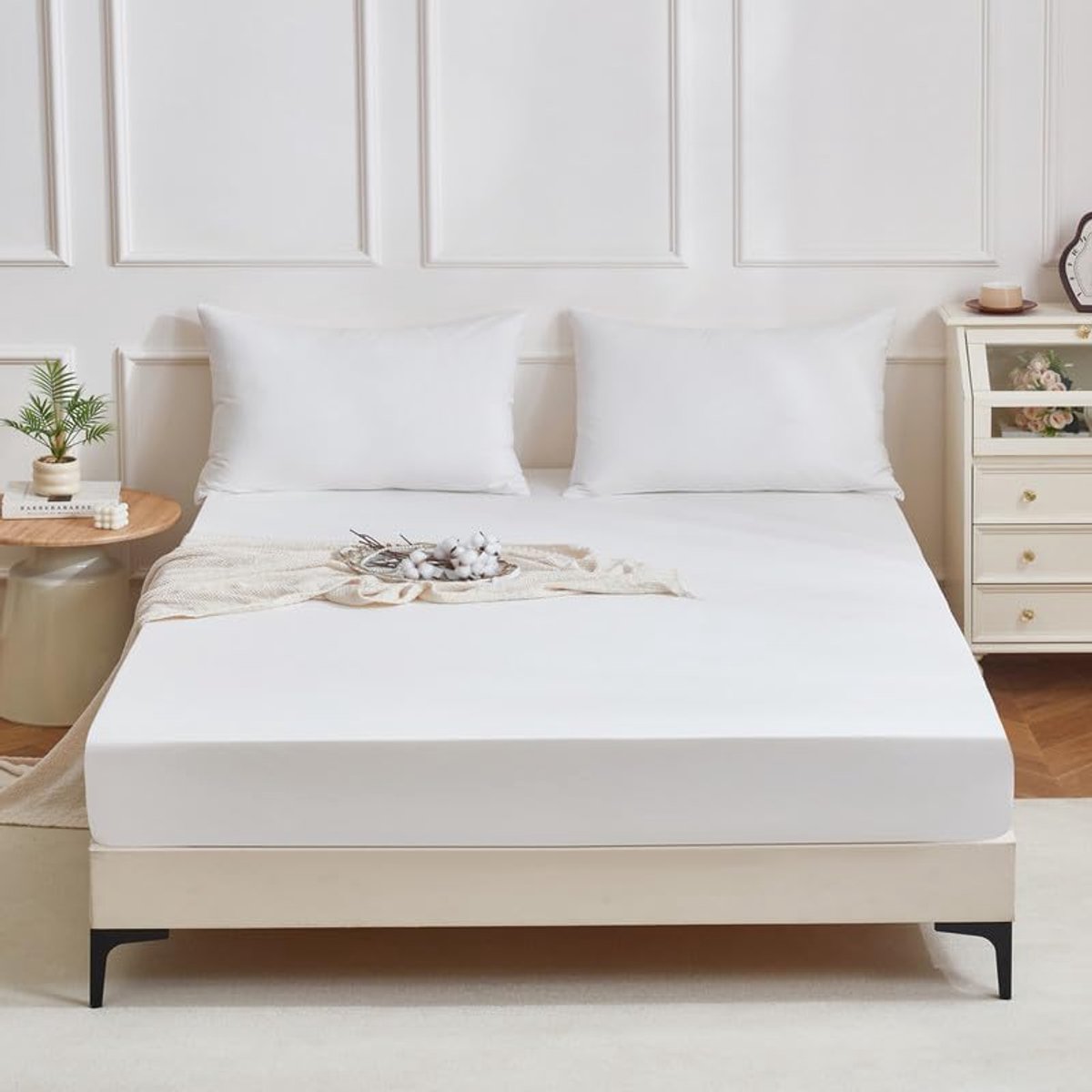 DXHome Hoeslaken, 140 x 200 cm, mako-satijn, wit, 100% 40S langstapelig katoen, temperatuurregulerend, glanzend, katoensatijn, zijde, hoeslaken, 140 x 200 cm, voor hoge matrassen tot 15-30 cm
