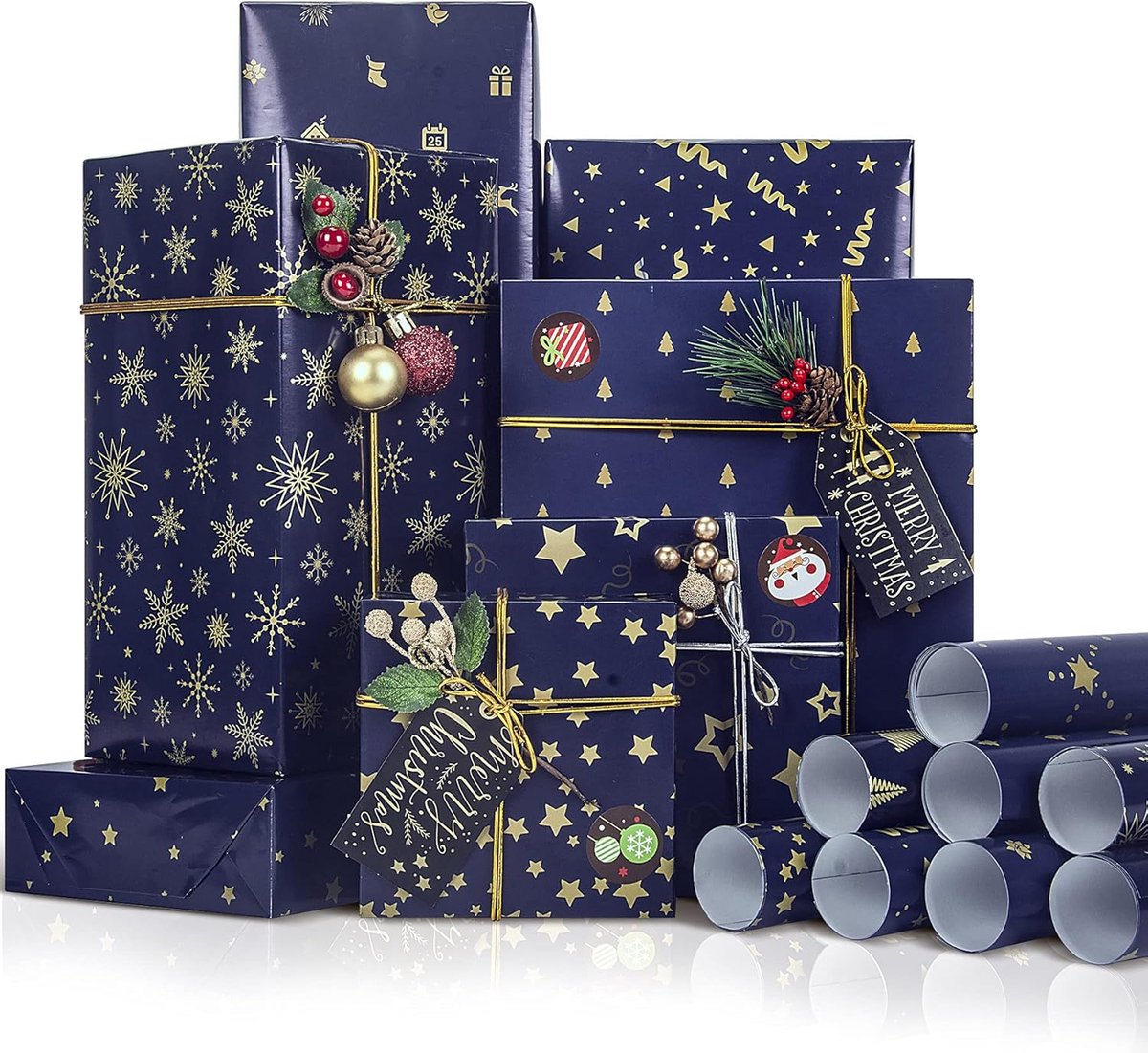Cadeaupapierset, cadeaupapier + sticker + inpaktouw, 8 designs, 43 x 100 cm, verpakt in een rol, rustig donkerblauw kerstpapier, cadeauverpakkingen voor feest