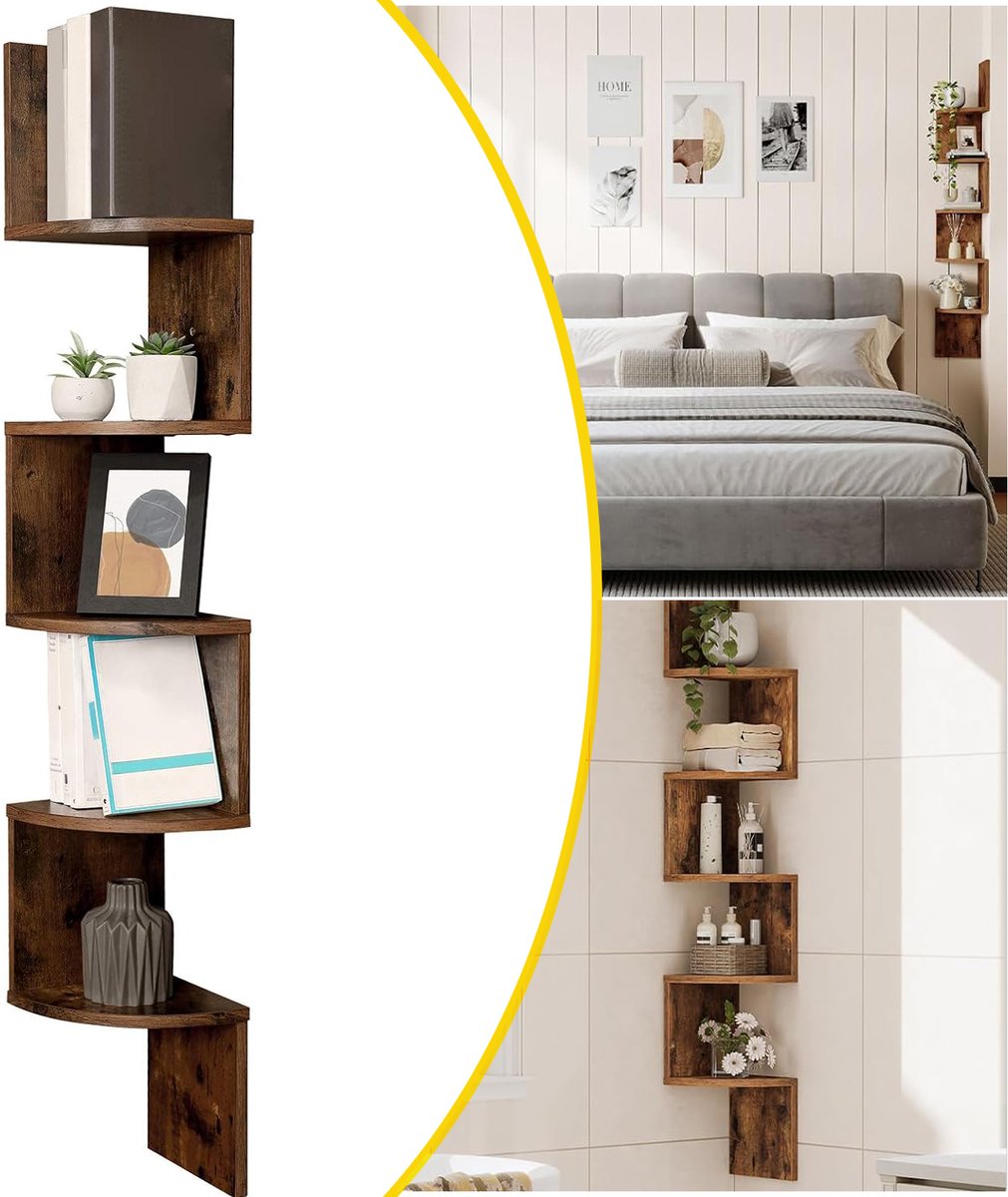 Zwevende Hoekplank Met 5 Lagen - Bruine Hoekboekenplank - Hoekplank Voor Wandmontage - Plantenrek Voor Slaapkamer En Woonkamer