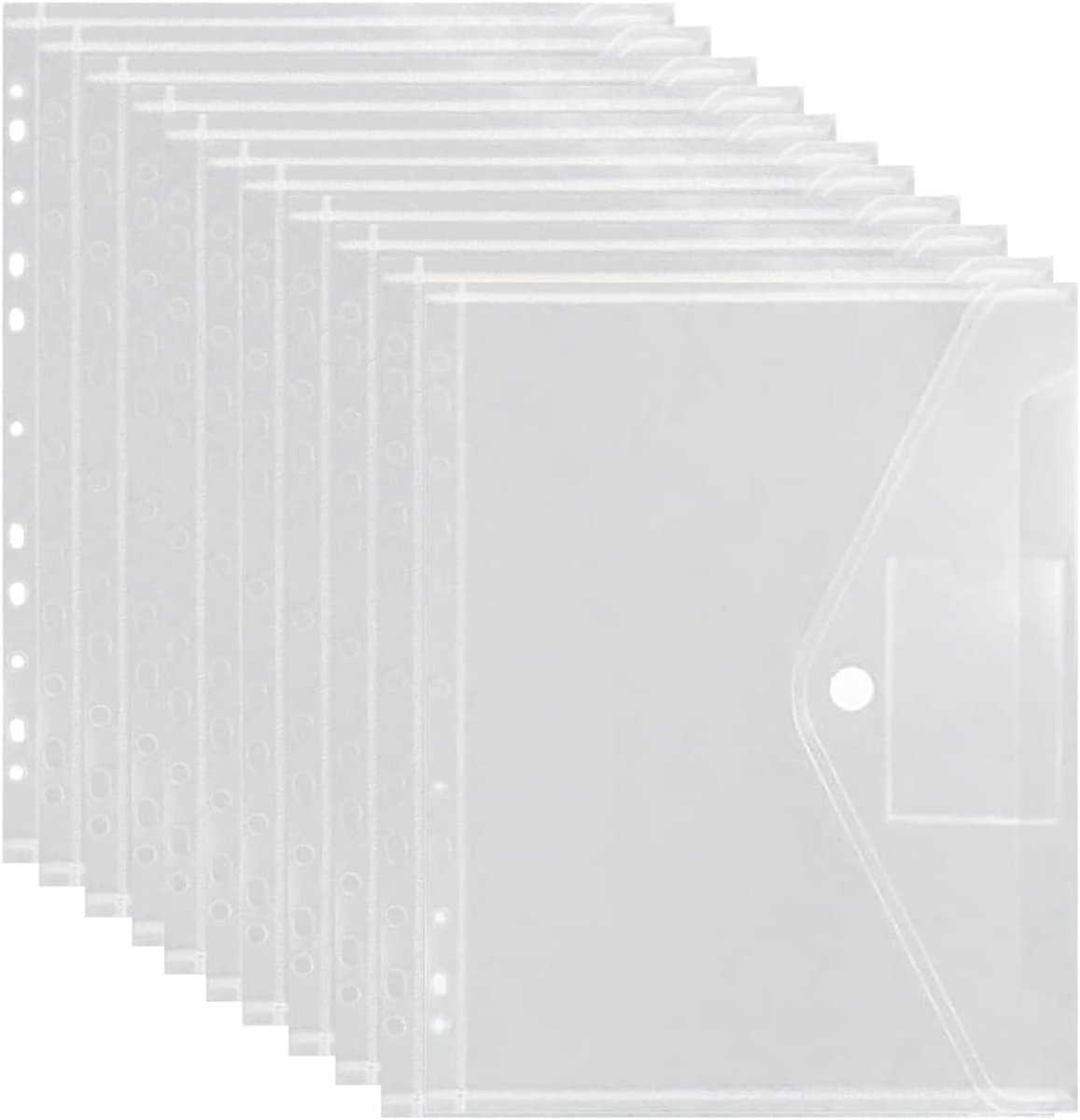30 stuks A4 T-shirts met klep en klittenband voor ringband | transparante envelopmappen waterdicht met 11 gaten en label voor kantoor, school en thuis