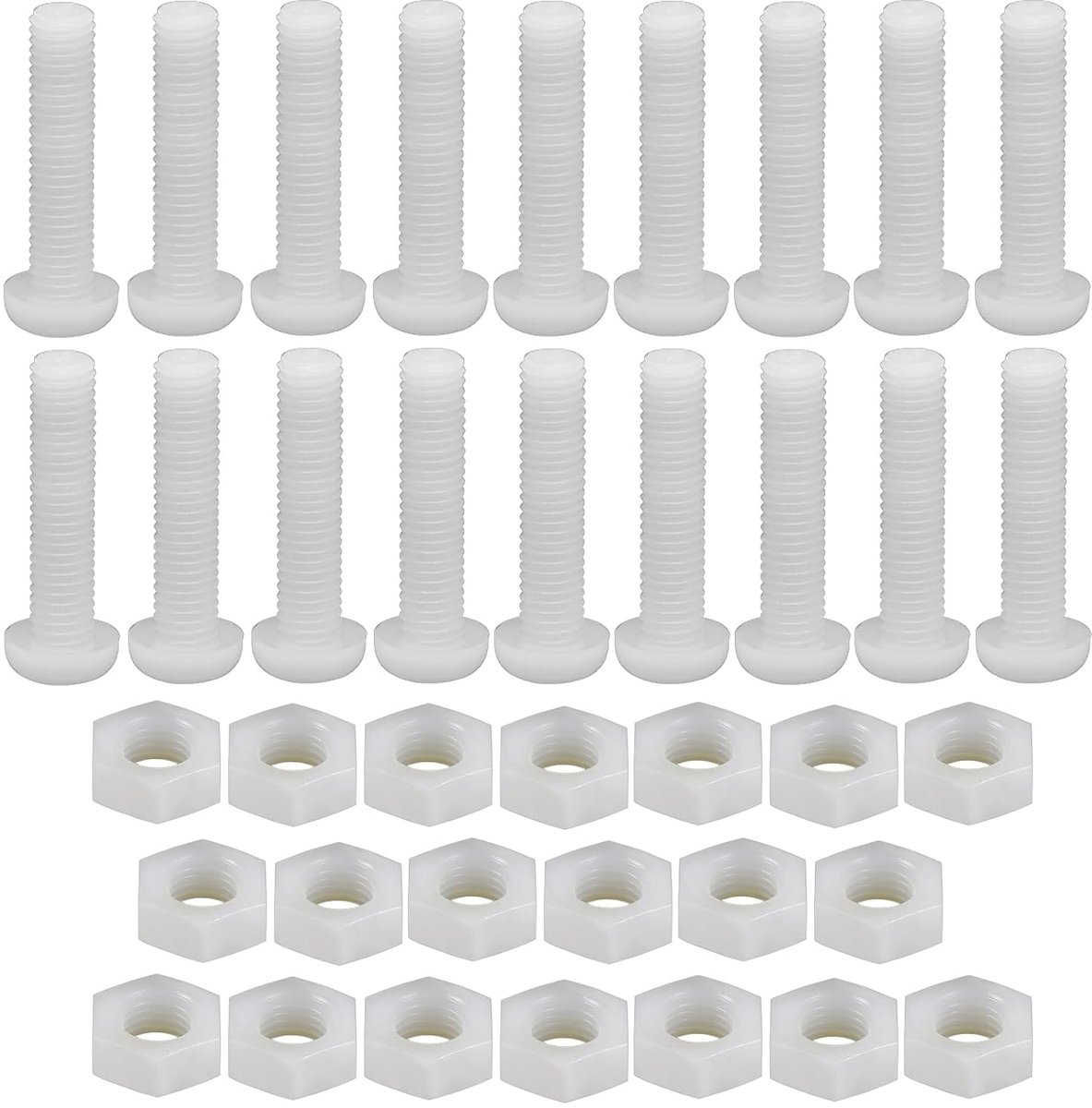 x 50 mm nylon zeskantbouten moeren set, ronde Phillips pankop geïsoleerde plastic bouten, witte nylon schroeven voor meubels, machines, doe-het-zelf (Pack van 20)