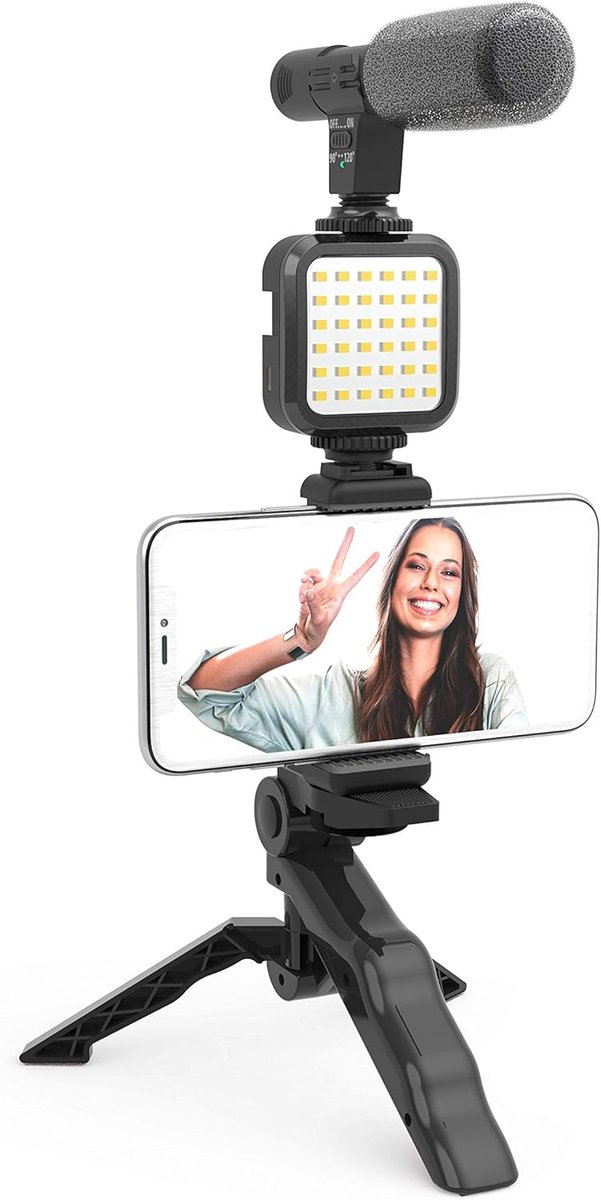 SnelShoppen - Digipower Vlogging Kit 4-delig met LED Videolicht, Microfoon, Smartphone Houder, Mini Statief voor Vlogs, TikTok, YouTube en Live Stream