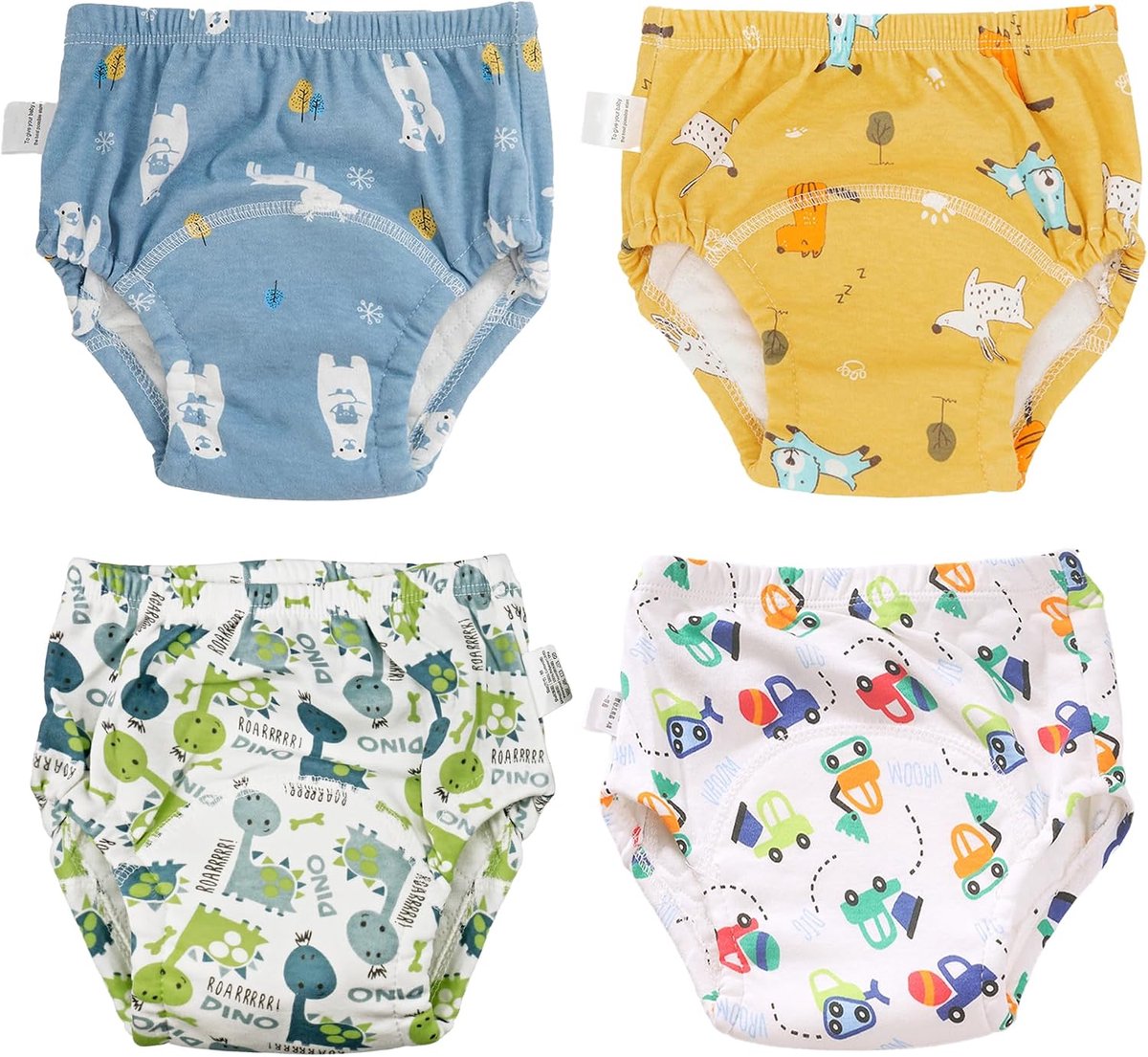 Training Ondergoed Katoen Waterdichte Herbruikbare Wasbaar, 4 Stuks Jongens Potje Trainingsbroek Ademend Luier Broek Oefenbroekjes Blauw Geel Wit Onderbroek Slips voor Peuter 4-6 jaar