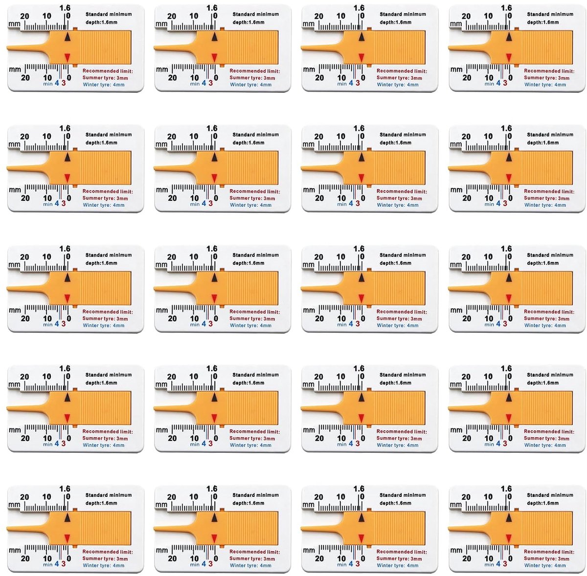 Profieldieptemeter voor banden, 20 stuks, profieldieptemeter voor banden, bandenprofieldieptemeter, 0-20 mm, profieldieptemeter, loopvlak, motorfiets, voertuig, auto