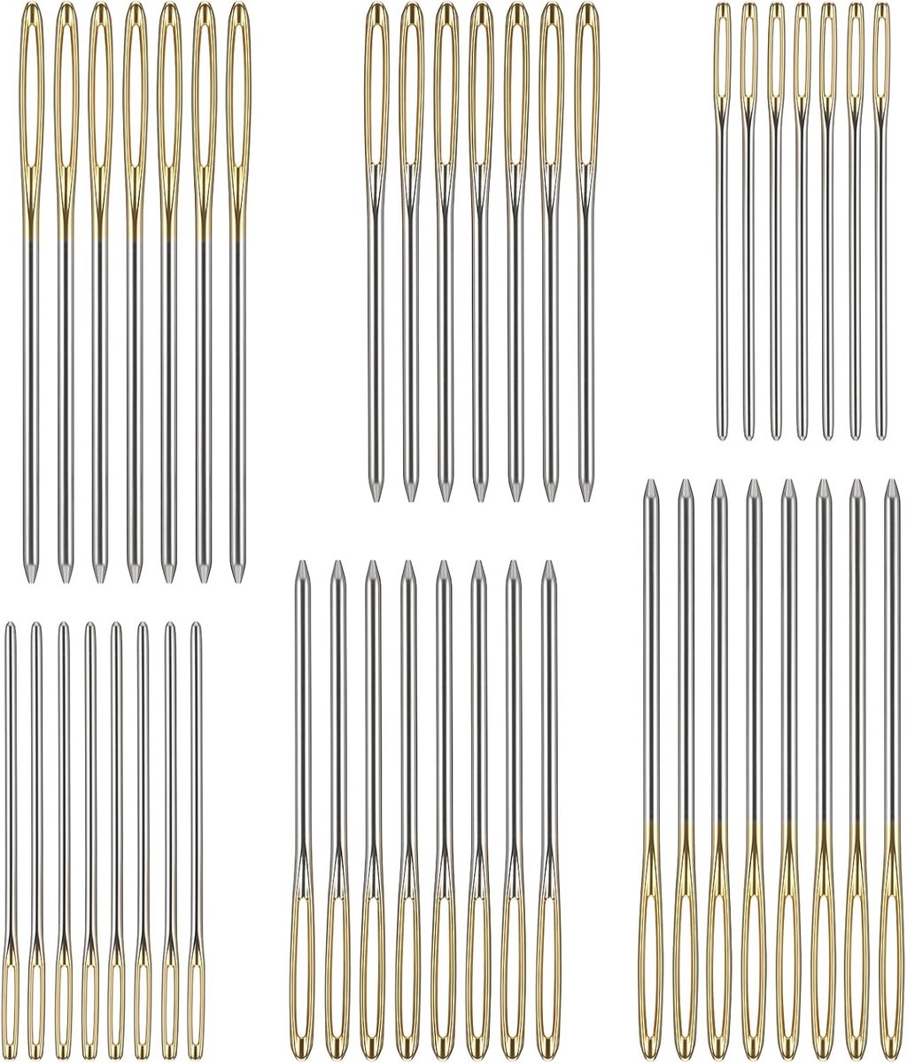 45 stuks naalden met groot oog, kruissteeknaalden, 3 maten, gouden handnaainaalden van ijzer (5,2 cm/6 cm/7 cm) voor handnaaien, borduren en kruissteek