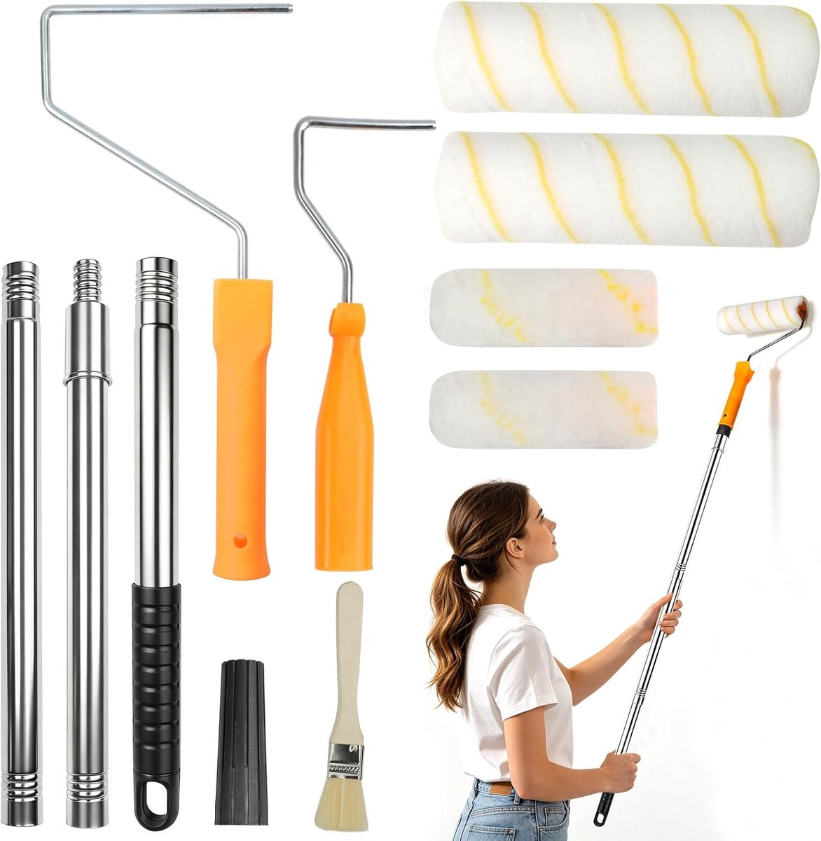 Verfrollerset met 4 x 30 cm roestvrijstalen telescoopstang, 2 x 23,5 cm + 2 x 10 cm microvezel rolhoezen, verfroller voor muren, plafonds, schildergereedschap