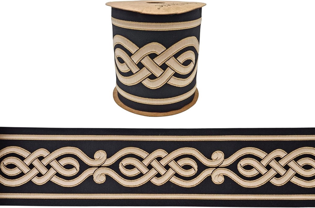 gordijnband 100 mm breed, gordijnrand met Keltisch patroon, ideaal voor draperie, wandtapijten, naaien en decoratie, 3,5 m, zwart en antiek goud