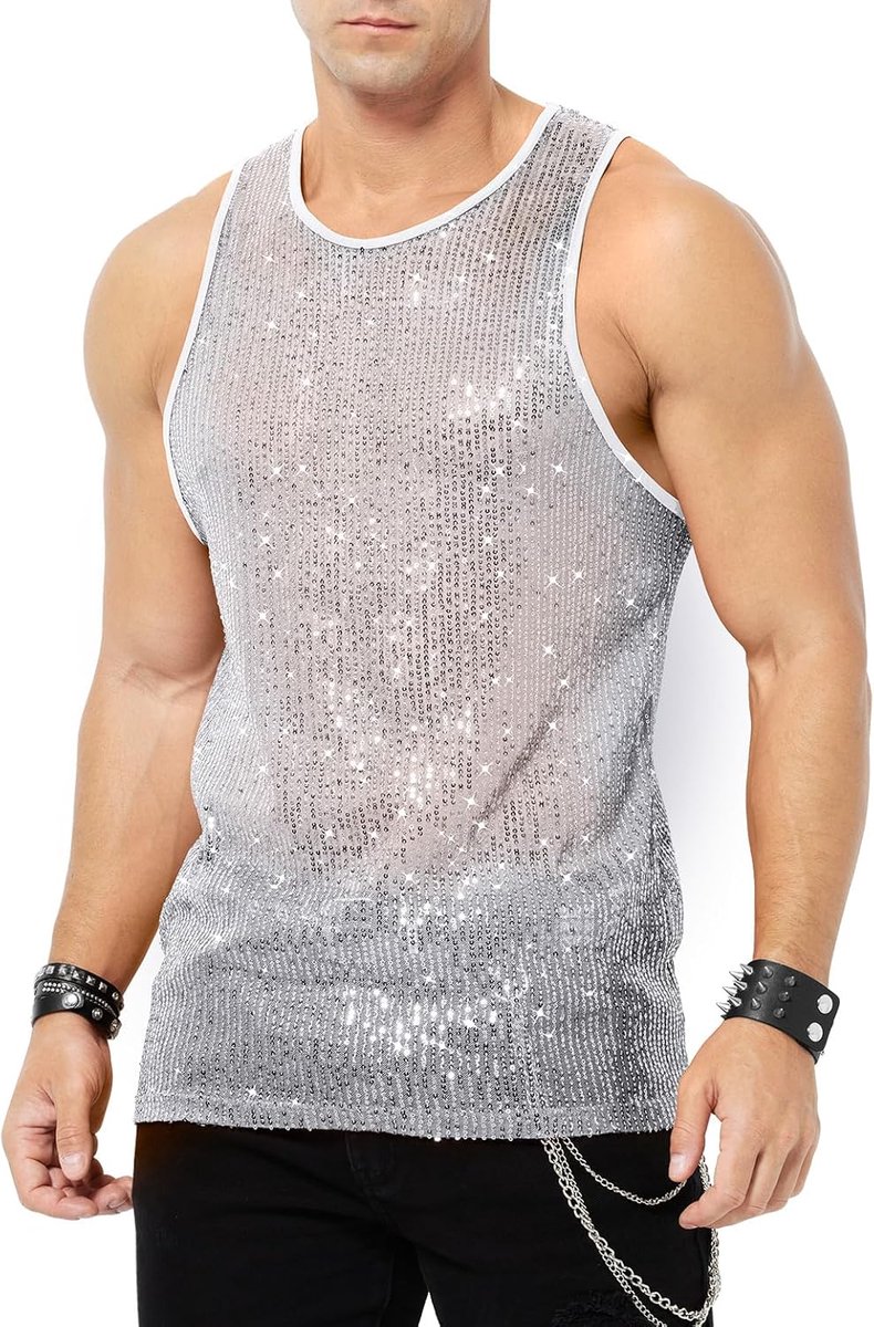 Kevin Heren Tanktop met pailletten Transparant Glanzende T-shirts Herenonderhemd Shirts mouwloos vest