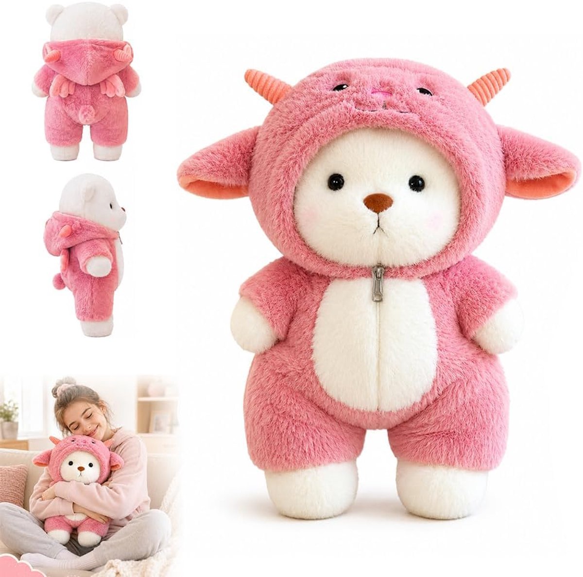 Teddybeer pluche dier, 30 cm, teddybeer met schaapkostuum, pluche dier, knuffeldier, teddy, schattige knuffelbeer, cadeau voor verjaardag, Kerstmis, Valentijnsdag, zacht en wollig, roze