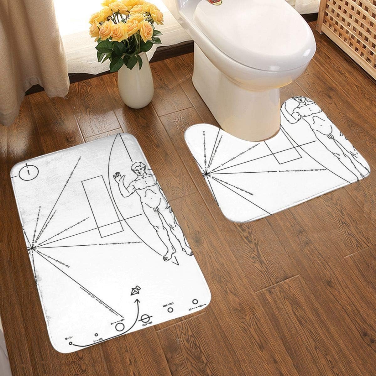 Pioneer Space Craft Plaque zwarte tekst op witte 2-delige zachte anti-slip badmat set, textuur fotografie inclusief 80x50cm hoge absorptie wc-bril en 50x40cm microvezel zachte pluizige badkamer tapijt, anti-slip mat wasbaar.