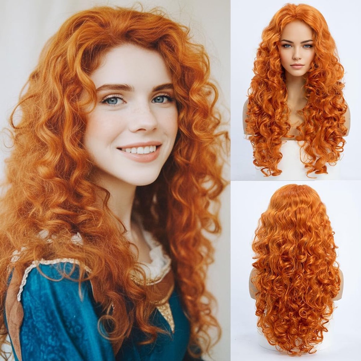 Krullende Lange Oranje-Rode Haarpruik voor Vrouwen, Golvend Volledig Hoofd, Halloween-pruiken voor Cosplay Kostuum, Feestpruiken, Haarstuk (60 cm)