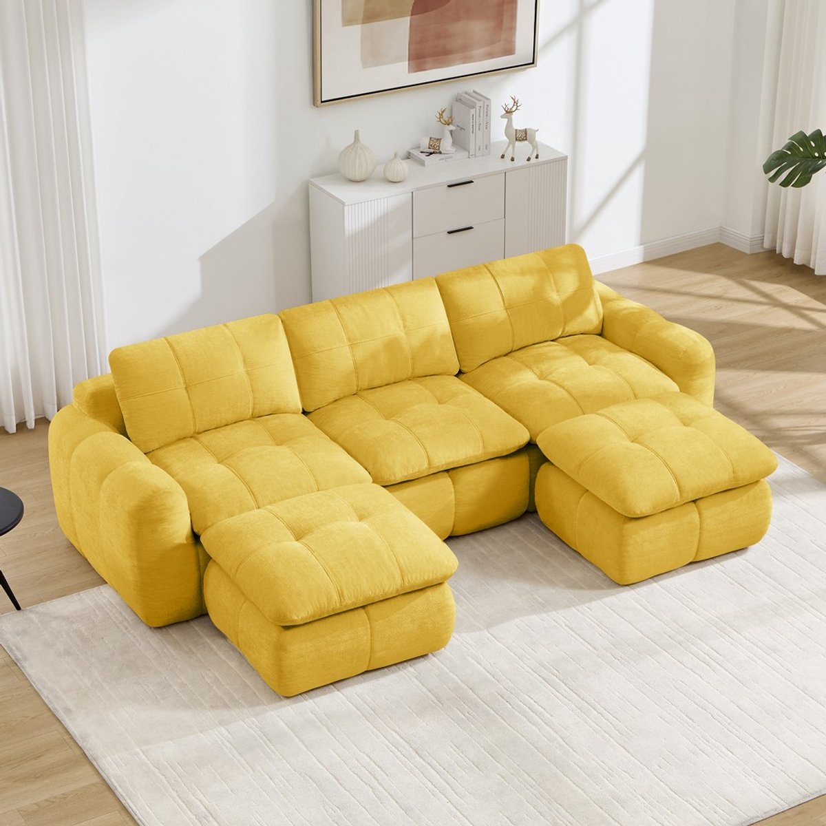Pugsdrly 3-zits U-vormige frameloze modulaire bank, wolkzachte chenille-bekleding, 32D-schuim met hoge dichtheid, vrij combineerbaar, montagevrij met 2 voetenbankjes voor woonkamers en appartementen, geel