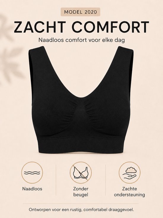 Zwarte naadloze Comfy Bra met verwijderbare pads, zonder beugel, zachte ondersteuning voor dagelijks comfort.