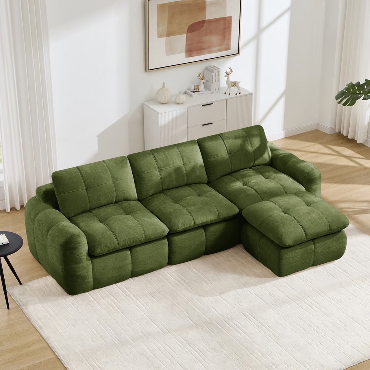 Pugsdrly 3-zits L-vormige frameloze modulaire bank, huidvriendelijke zachte chenille-bekleding, 32D-schuimvulling met hoge dichtheid, montagevrij met 1 poef voor woonkamers en appartementen, groen
