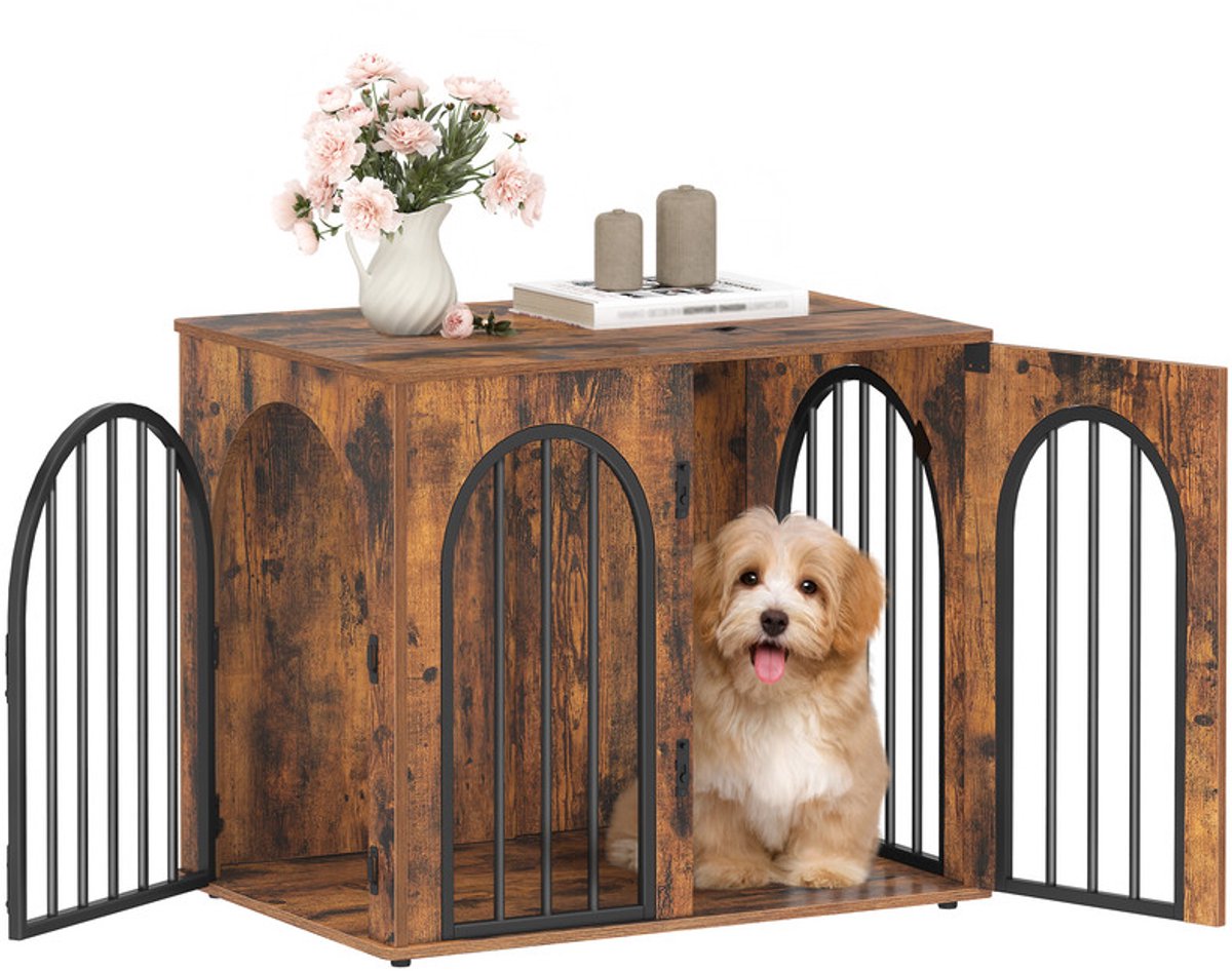 Hzuaneri 68 cm hondenkooi, bijzettafel, modern hondenhok voor binnen, kooi voor puppy's, huisje voor huisdieren, 3 deuren, gebogen deur, 68 x 49 x 56 cm, rustiek bruin