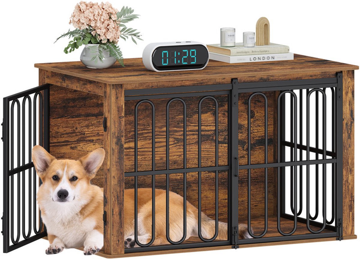Hzuaneri Hondenkooi, Meubel, Hondenbox, 100 × 60 × 62,4 cm, Houten Hondenbench met 2 Deuren, Schuifdeuren, Eindtafel Dierenbenches voor Kleine, Middelgrote Honden, Bruin