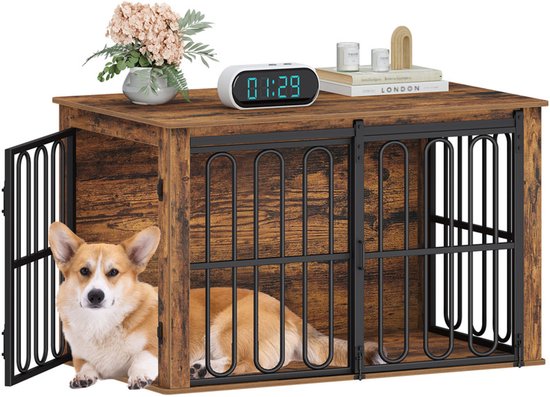 Hondenbench met houten afwerking en zwarte metalen tralies. Een corgi ligt binnenin met open deur aan de linkerkant.