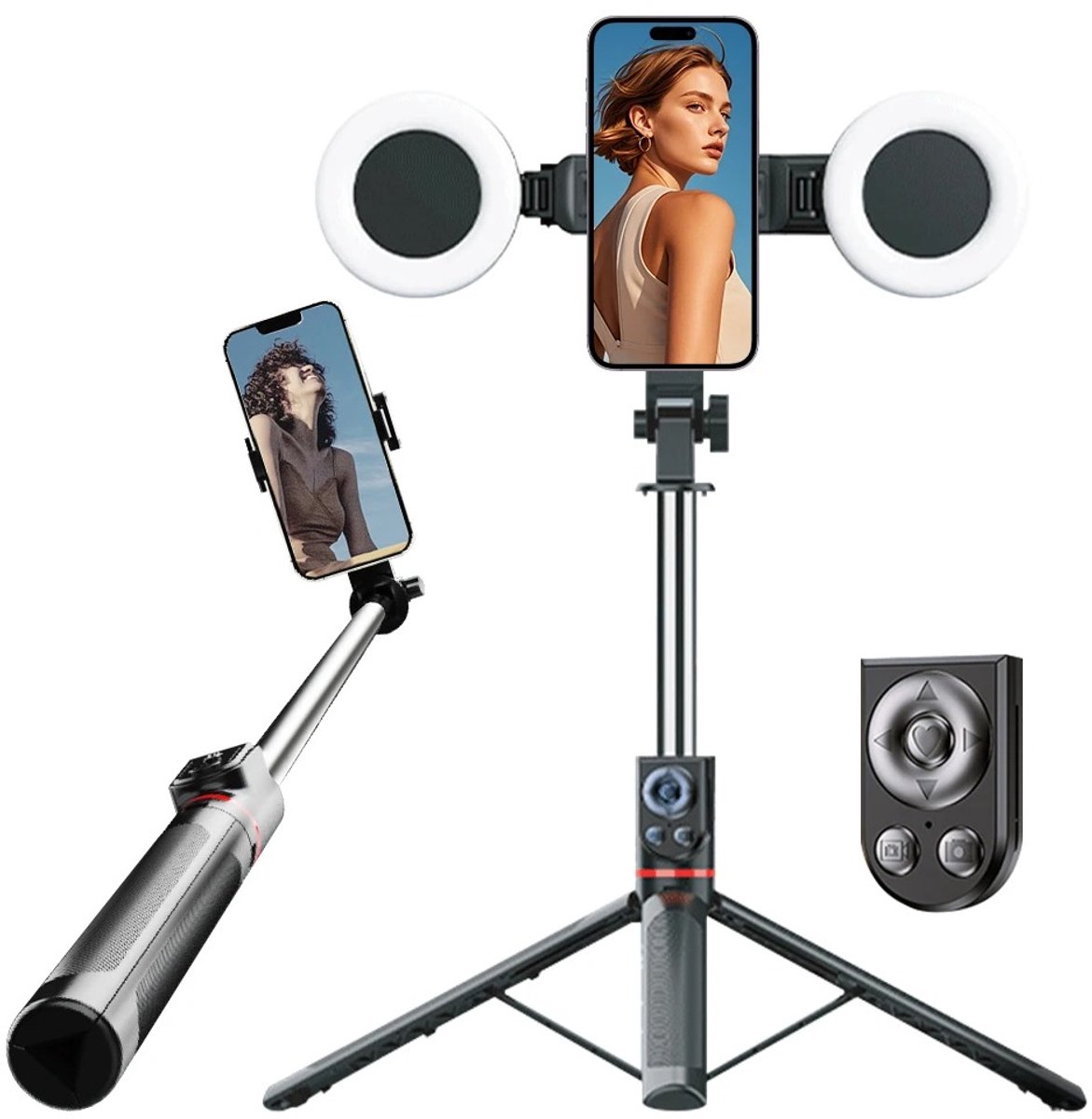 ITRONIQ Selfiestick Met Statief 180 CM - Selfie Stick iPhone & Samsung - Dubbel LED - Bluetooth Afstandsbediening - Zwart