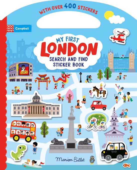 Zoek-en-vind stickerboek 'My First London' met meer dan 400 stickers. Illustraties van London landmarks, rode dubbeldekker, rode auto, draak en zon.