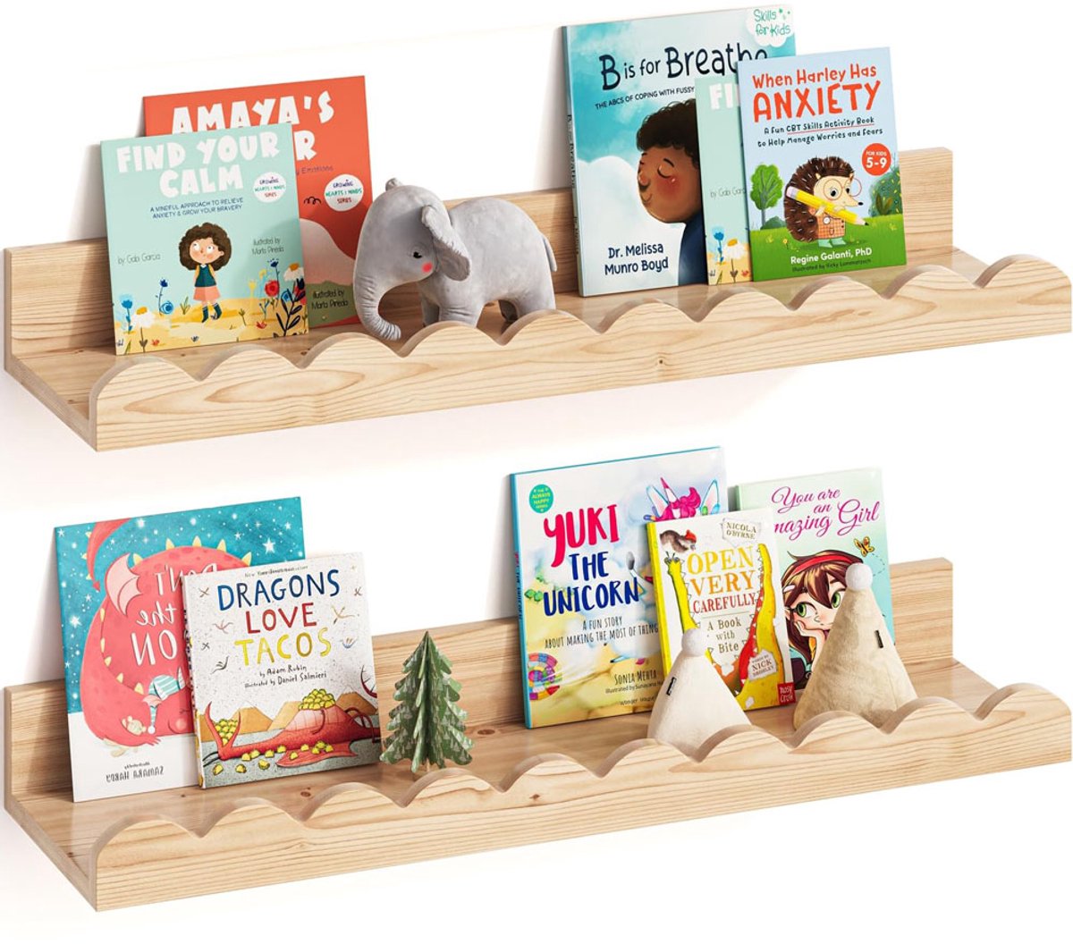 Set van 2 houten zwevende planken - 42 cm - Boekenplanken voor de kinderkamer - Planken met geschulpte rand - Kleine boekenkast voor kinderkamers - Wandplank voor woonkamer, slaapkamer