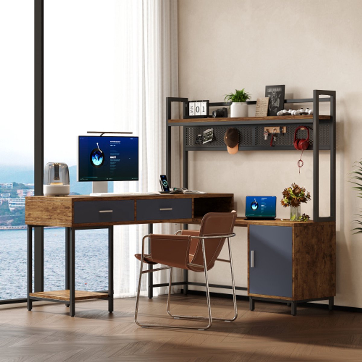L-Vormig Industrieel Bureau 140x140 cm met Opbergkast – Hoekbureau met Soft-Close Deur en 2 Laden – Zwart en Houtlook