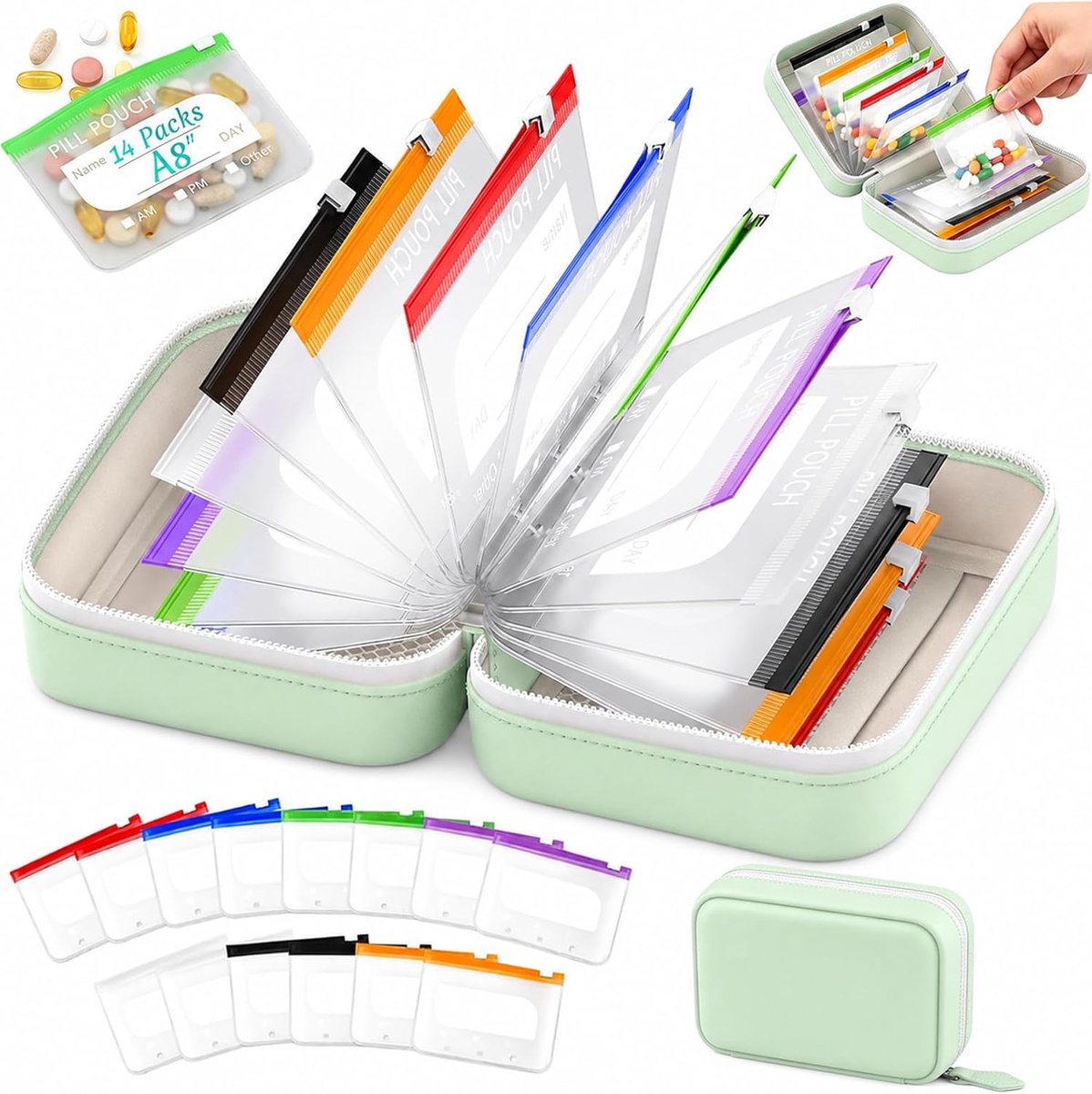 Ryoudavell - Waterdichte Medicijn Organizer voor 2 Weken - Medicijnendoos met 14 Gekleurde Herbruikbare Pillenzakjes - Compacte Pillendoos en Medicijnetui voor Reizen en Dagelijks Gebruik - Mintgroen