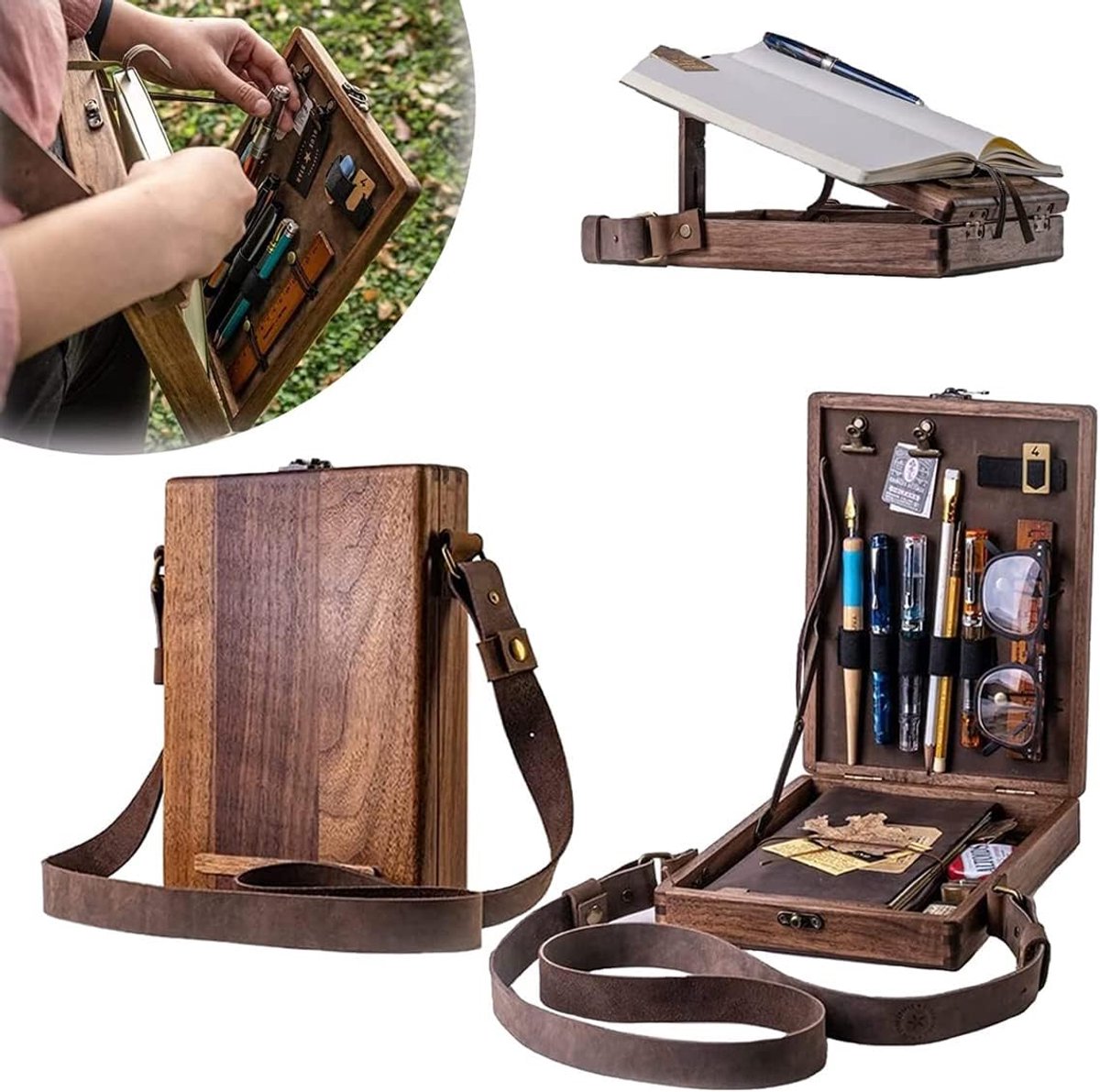 ECTEATOY® Schilderskist - Houten Schrijvers Messenger Box - Schilderkoffer &Multifunctionele Tekenkoffer - Outdoor Sketchbox