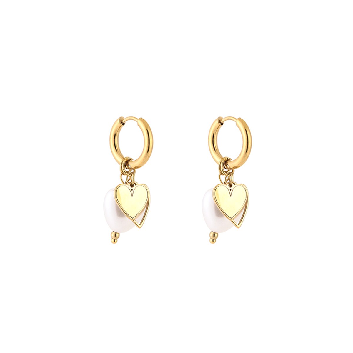 Stainless Steel Gewelfd Hart & Glanzende Kraal Bedel Oorringen – Trendy Multi-Charm Hoops – RVS - Goud/Wit