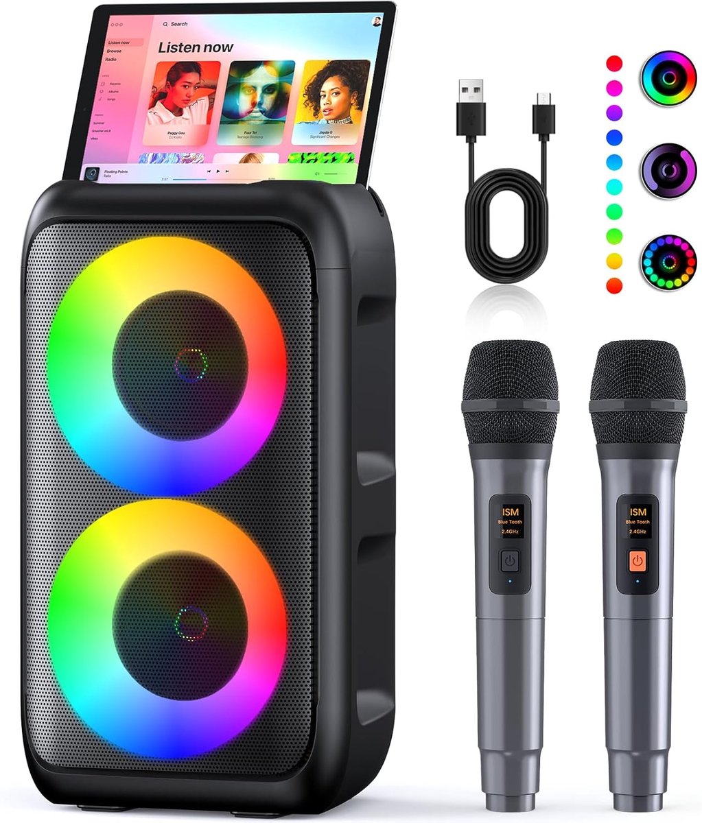 Karaokemachine met 2 Draadloze Microfoons – Bluetooth Karaoke Speaker 2x15W – 10 Uur Speeltijd – TV, Telefoon, TWS & AUX – Voor Kinderen en Volwassenen