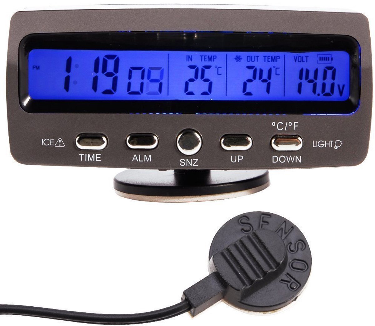 SnelShoppen - LCD Auto Digitale Thermometer en Voltmeter - Binnen en Buiten Temperatuur Meter - Datum Klok Alarm - °C/°F Schakelbaar - Voor Auto, Camp