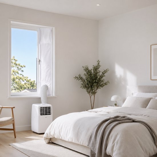 Mobiele airco met witte raamafdichting in een slaapkamer met raam, bed en stoel.