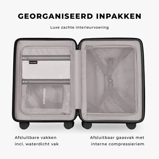 Open roze koffer met luxe interieur: afsluitbare vakken en compressiebanden.